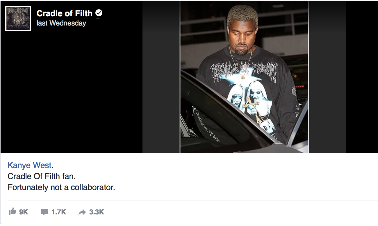 Cradle of Filth 不满 Kanye West 上身自家乐队 T 恤